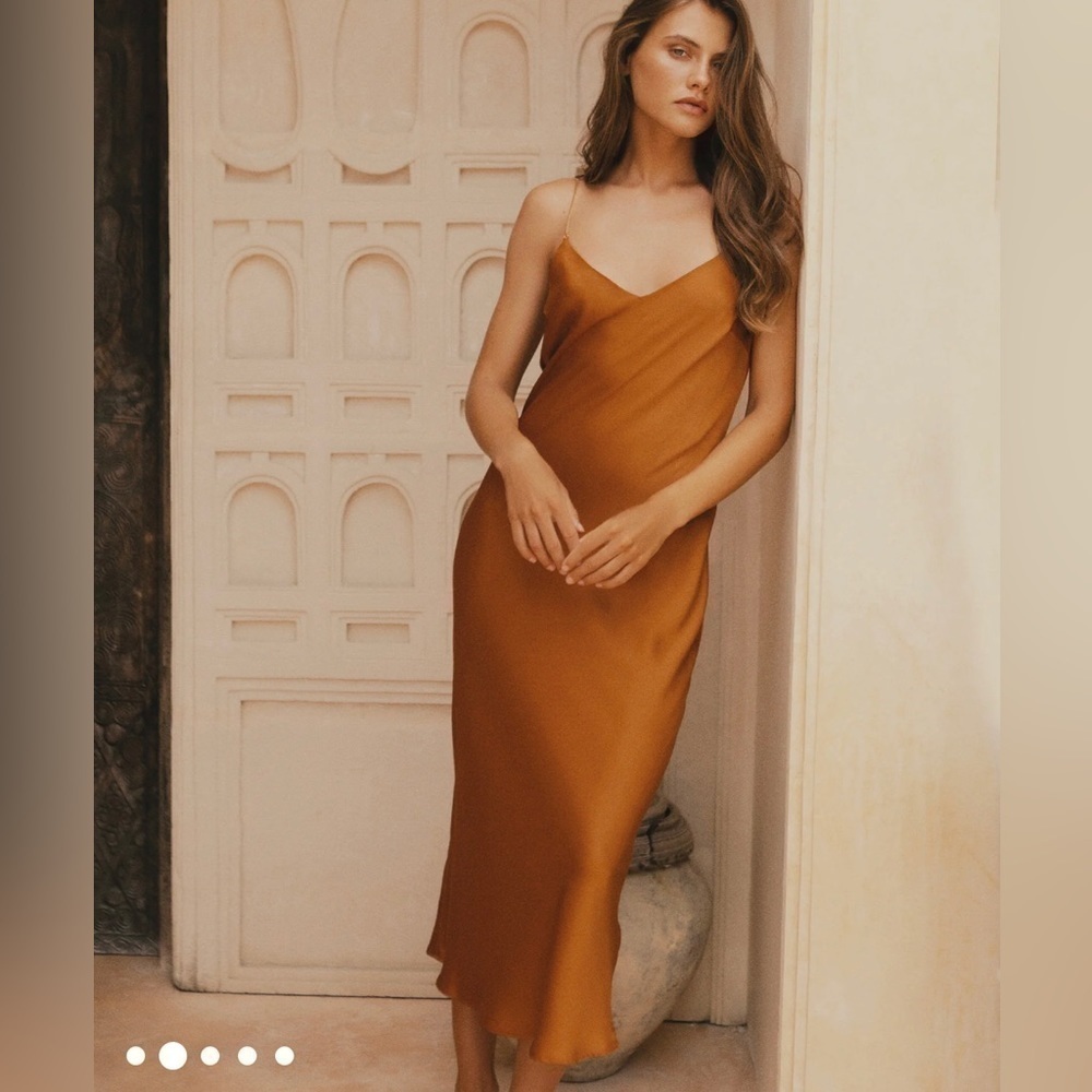 l*space Satin Midi Slip Dress in Caramel Brown